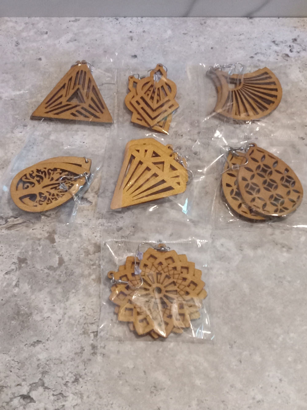 Laser-Cut Wood Geometric Earrings - Natural Brown (7 Pairs)